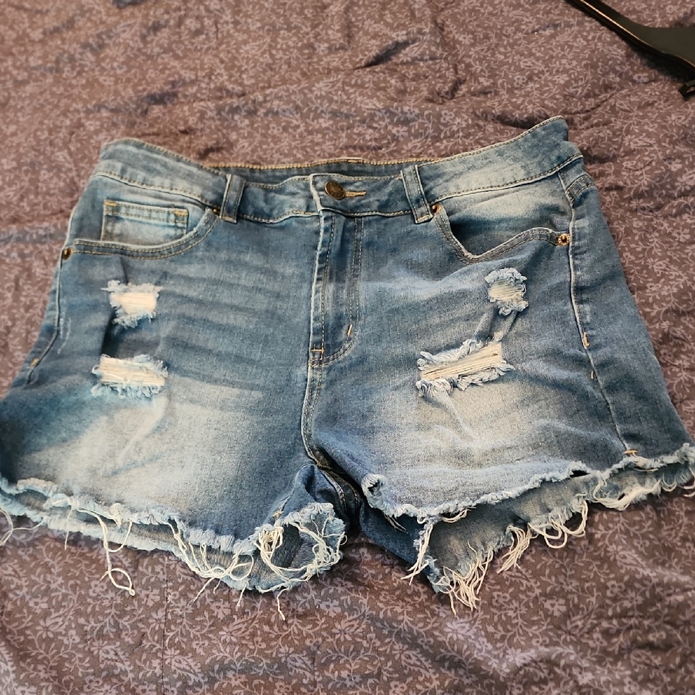 Light Blue Distressed Denim Shorts - Women's